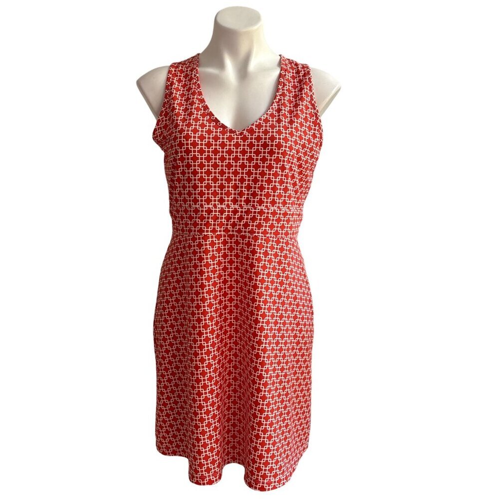 Jude Connally Orange White Geo Print Dress, Sleeveless V-Neck Women's Size L
